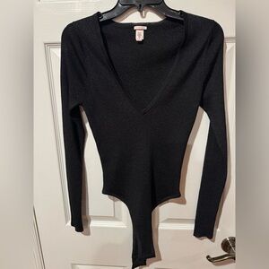 Victoria's Secret Black Ribbed V-Neck Long-Sleeve Bodysuit